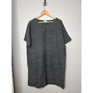 Eileen Fisher Washed Organic Linen Shift Dress Womens M Navy White Stripe Resort